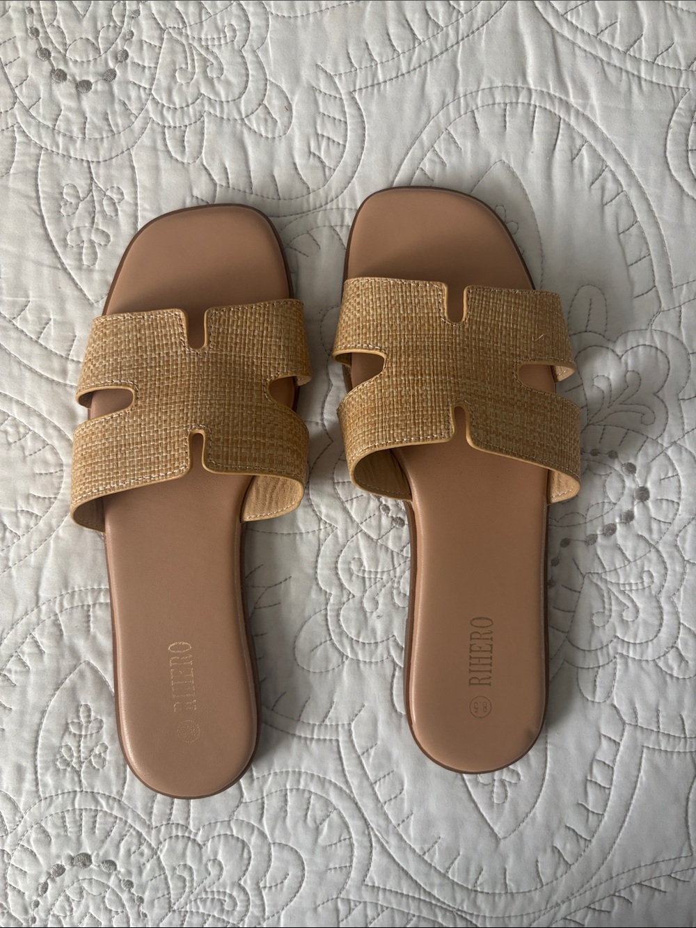 Woven Tan Slide Sandals with Faux-Leather Footbed
